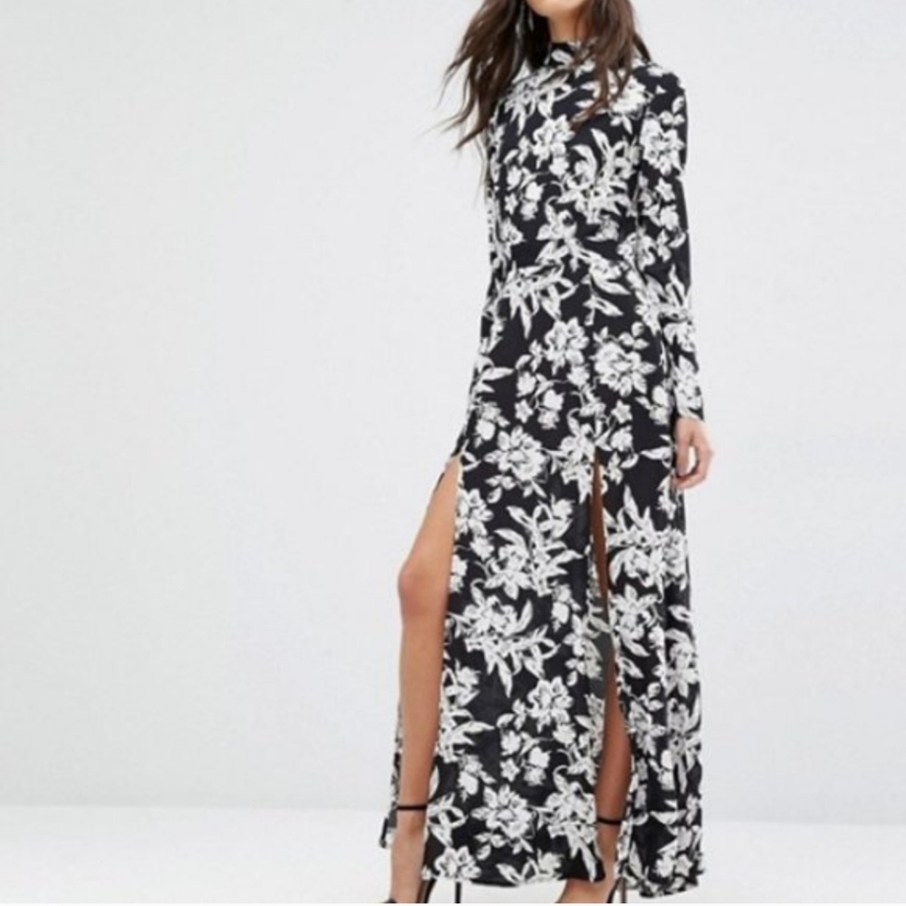 Flynn Skye Cedar Maxi Dress Black White Long Sleeve Open Back, Women's M, NWT
